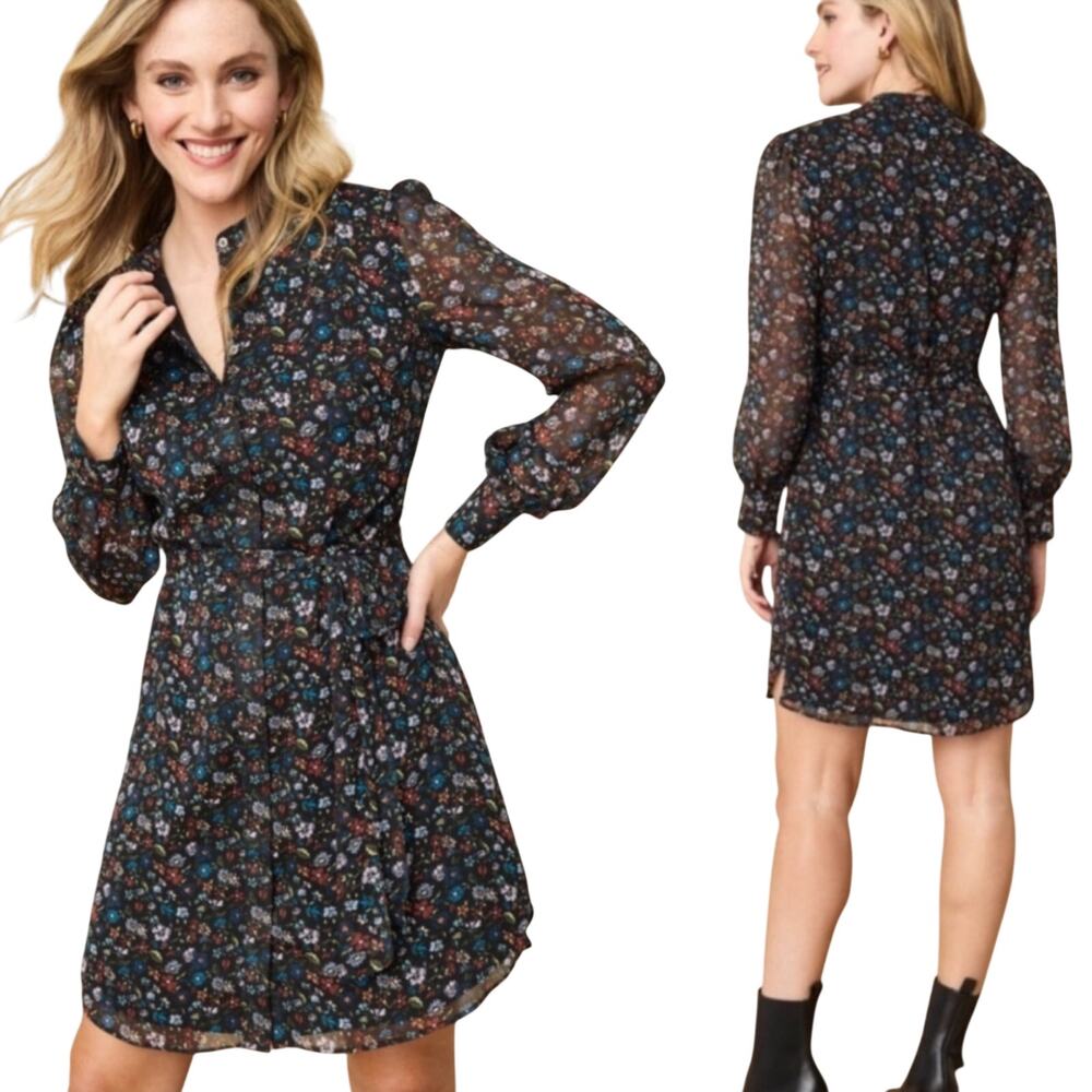 Untuckit Collarless Georgette Marnie Mini Shirt Dress Long Sleeve Floral Black 6